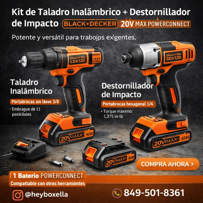 Combo Profesional BLACK+DECKER 20V MAX (2X1)– Taladro Inalámbrico + Destornillador de Impacto