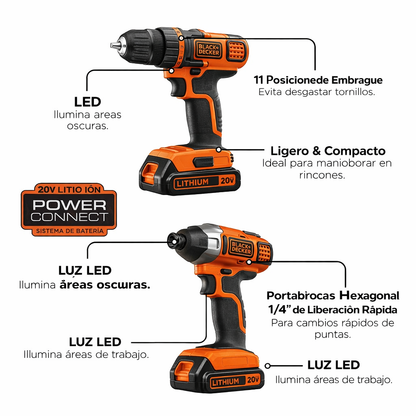 Combo Profesional BLACK+DECKER 20V MAX (2X1)– Taladro Inalámbrico + Destornillador de Impacto